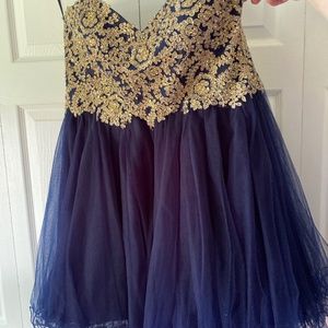 Strapless navy and gold formal homecoming dress